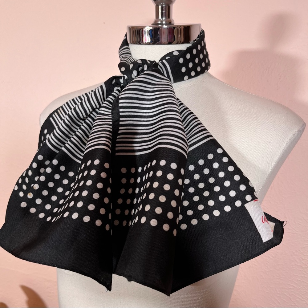 Vintage 1970 John Weitz Art Deco Black White Polka Dots Stripes geometric Scarf